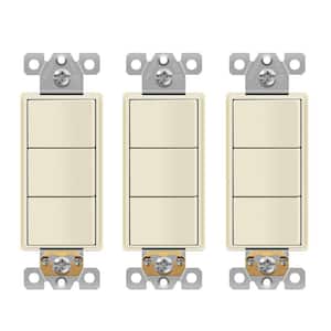 15 Amp 120V-277V Triple Paddle Rocker Decorator Light Switch, Single Pole, Residential Grade in Light Almond (3-Pack)