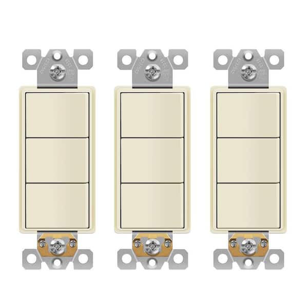 ENERLITES 15 Amp 120V-277V Triple Paddle Rocker Decorator Light Switch, Single Pole, Residential Grade in Light Almond (3-Pack)
