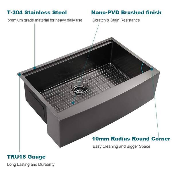 EPOWP - 33 in. Farmhouse Apron Single Bowl 16-Gauge Black Stainless Steel Workstation Kitchen Sink without Faucet