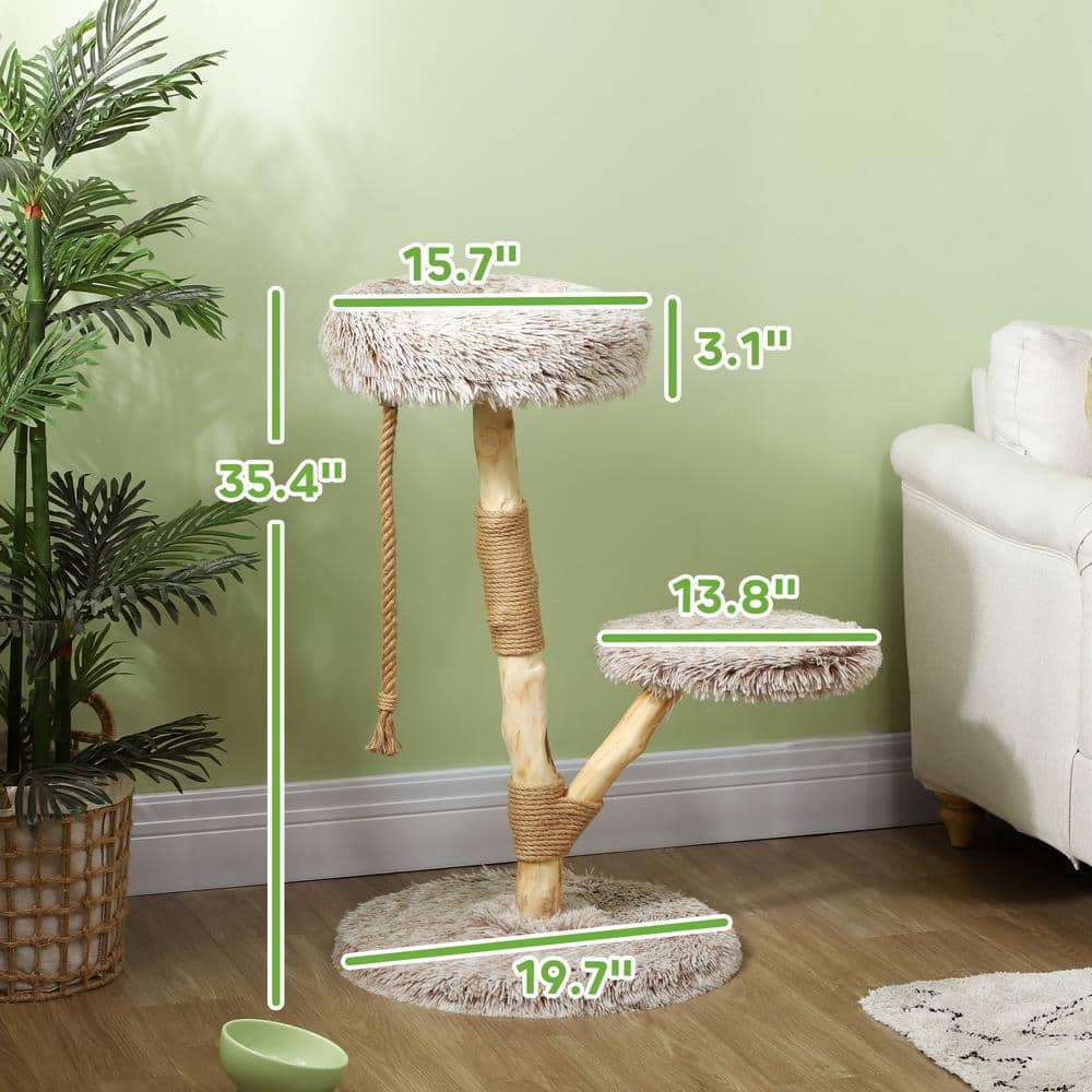 35 Inch Brown Plush and Wood Cat Tree Tower