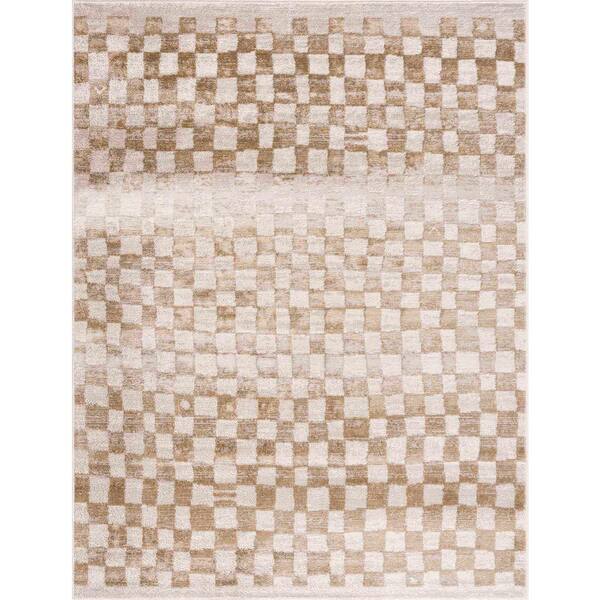 Hauteloom Pertek Checkered Square Tile Distressed Area Rug - 5'3 x 7' - Brown, Beige, Cream