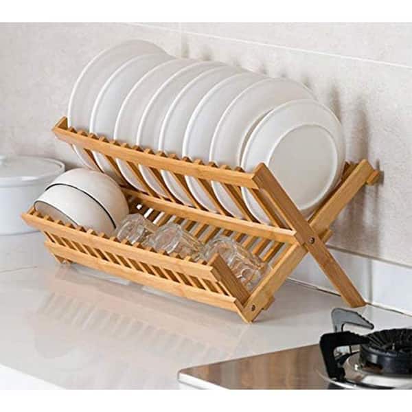 Natural Finish Collapsible X-Shape Two Level Plate Holder Dish Rack with 14 Slots Air Drying Strainer