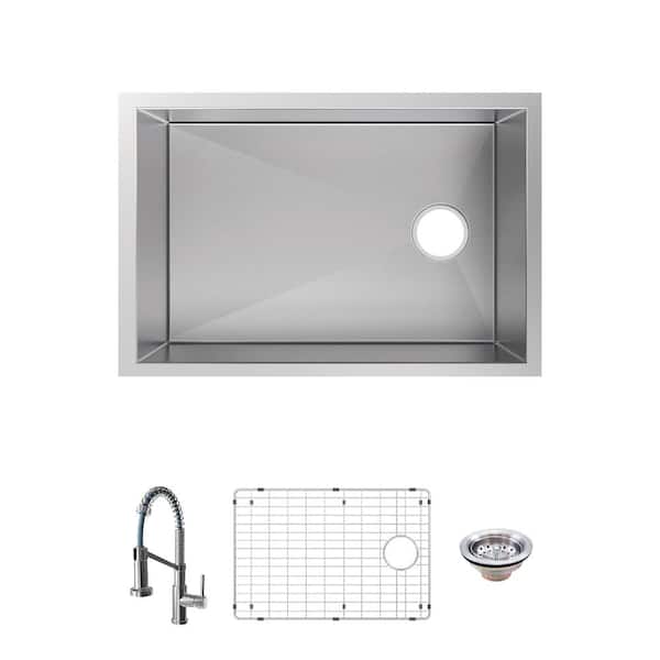 Glacier Bay Professional Zero Radius 27 in. Undermount Single Bowl 16 Gauge Stainless Steel Kitchen Sink with Spring Neck Faucet