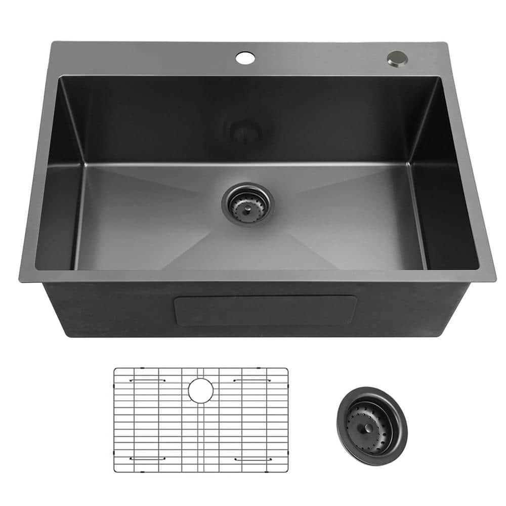 33 in. Drop-In Single Bowl 18-Gauge Gunmetal Black Stainless Steel Kitchen 