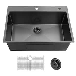 33 in. Drop-In Single Bowl 18-Gauge Gunmetal Black Stainless Steel Kitchen Sink with Bottom Grids
