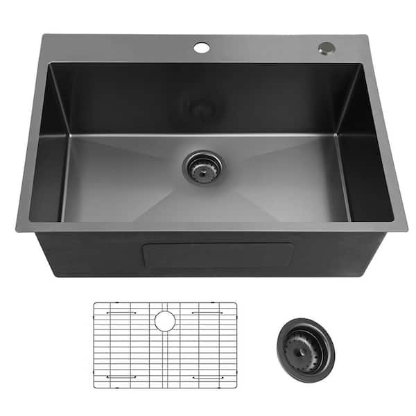EPOWP 33 in. Drop-In Single Bowl 18-Gauge Gunmetal Black Stainless Steel Kitchen Sink with Bottom Grids
