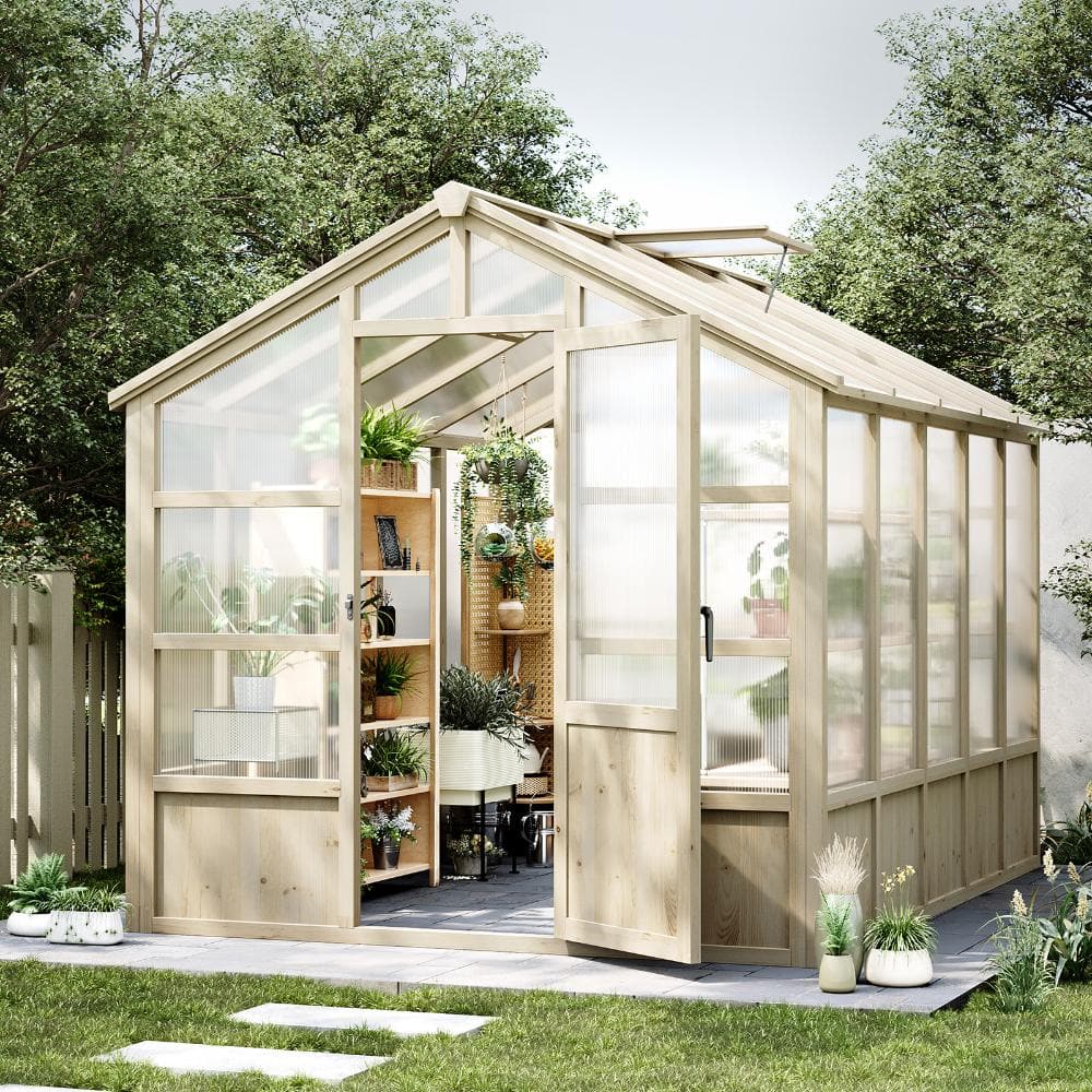 homfan 8x10 FT Wooden Walk-in Greenhouse, Cedar Frame, PC Panels
