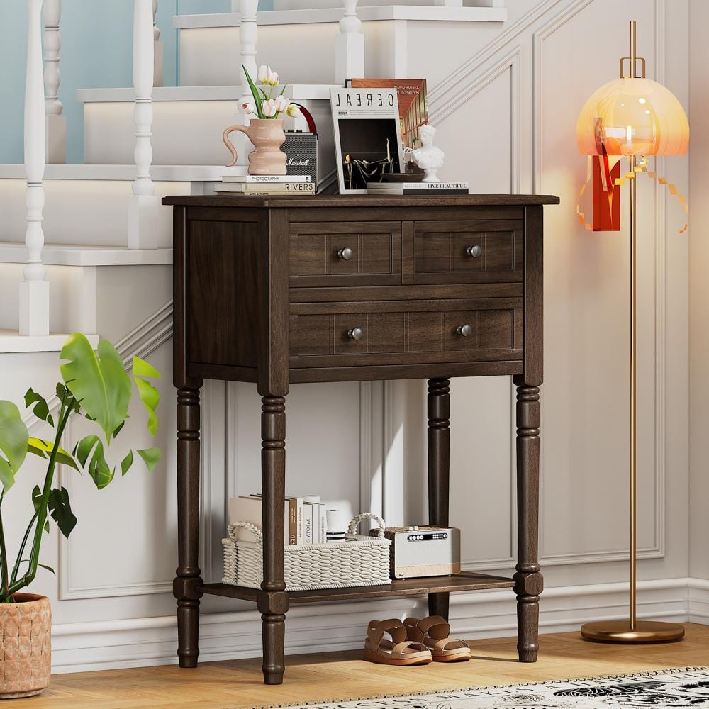 Brown Narrow Console Table with Three Storage Drawers and Bottom Shelf price history on PriceWatchPro