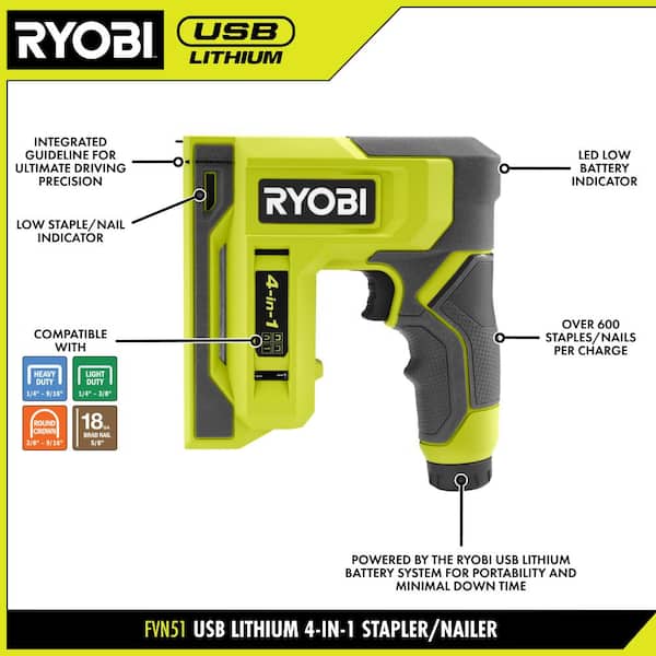 RYOBI - USB Lithium Cordless Craft 4-in-1 Stapler/Nailer Kit with 3.0 Ah Battery and Charging Cable
