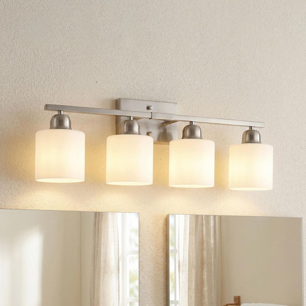 Lucidce 4-Light Brushed Nickel Bathroom Vanity Light – Modern Wall Mount Fixture With Clear Glass Shades, Dimmable, 24.6 Inch