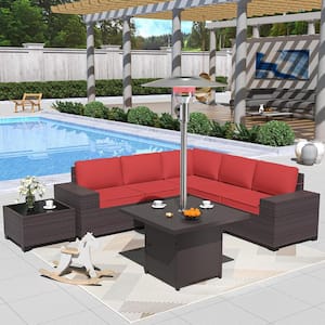 7-Piece Wicker Patio Conversation Set with 45000 BTU Patio Heater/Fire Pit Table, Glass Coffee Table and Red Cushions