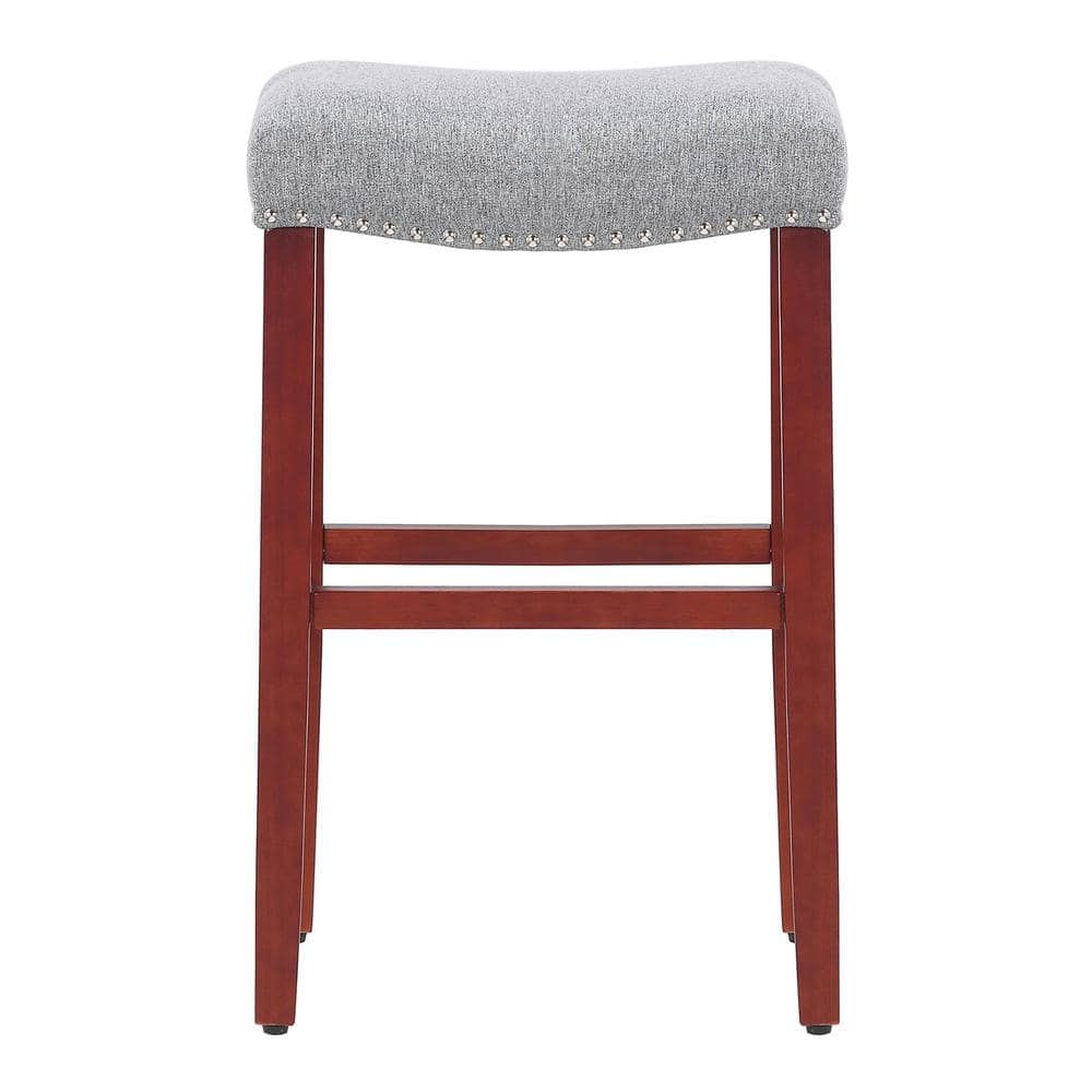 Cherry-Gray Saddle Seat 29" Bar Stool with Nailhead Trim - Set of 2