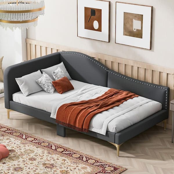 Gray Twin Upholstered Daybed with Headboard, Armrest and Support Legs