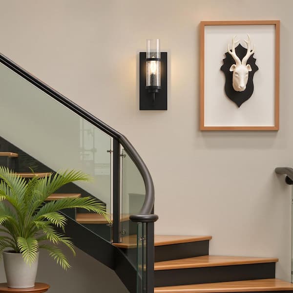 11 in. 2-Pack 1-Light Matte Black Indoor Wall Sconce with Clear Glass Shade, E12 Wall Light Fixture for Bedroom Hallway