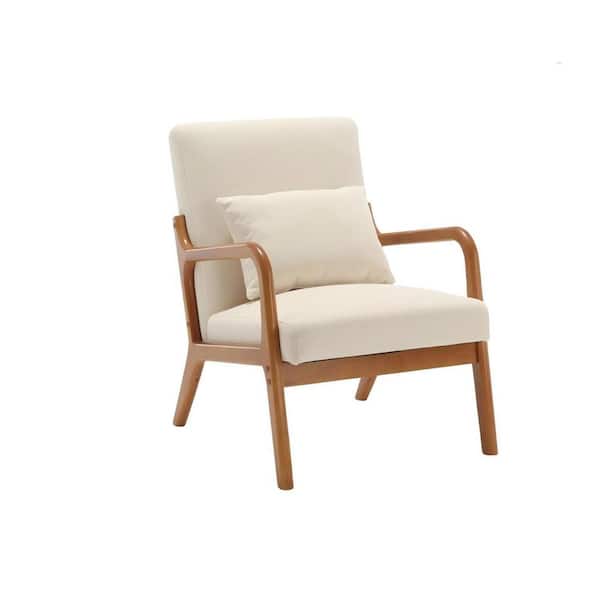 HOMEFUN Mid Century Modern Beige Velvet Upholstered Wooden Frame Accent Armchair with Pillow and Cushion