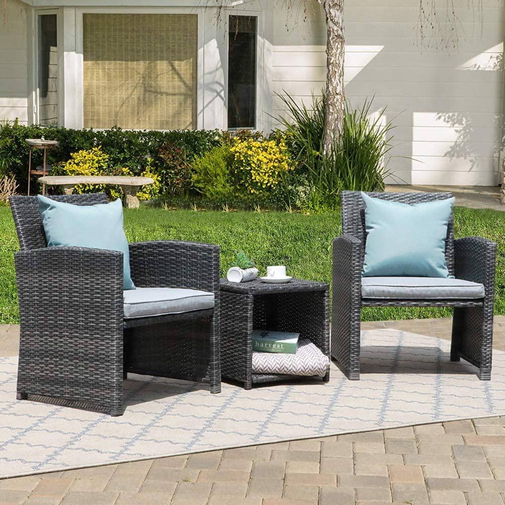 Casual 3Piece Wicker Outdoor Bistro Set with Blue Cushions Patio