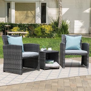 Casual 3-Piece Wicker Outdoor Bistro Set with Blue Cushions Patio Furniture Set Storage Coffee Table in Gray