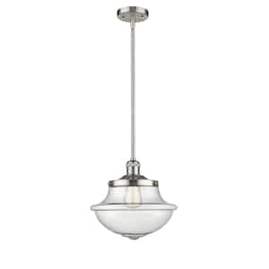 Oxford 1-Light Brushed Satin Nickel Schoolhouse Pendant Light with Seedy Glass Shade