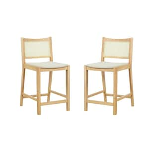 Lewis 25.25 in. Natural Cane Low Back Wood Counter Stool with Fabric Seat Set of 2