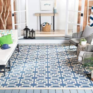 Courtyard Blue/Beige 8 ft. x 11 ft. Border Indoor/Outdoor Patio  Area Rug