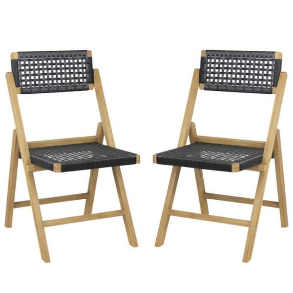 Clihome Folding Chairs Indonesia Teak Wood Outdoor Dining Chairs with Woven Rope Seat and Back (Set of 2)