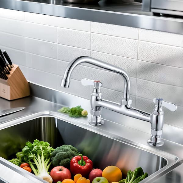 Double Handle Deck Mounted Standard Kitchen Faucet, Commercial Faucet with 8 in. Long Spout in Polished Chrome