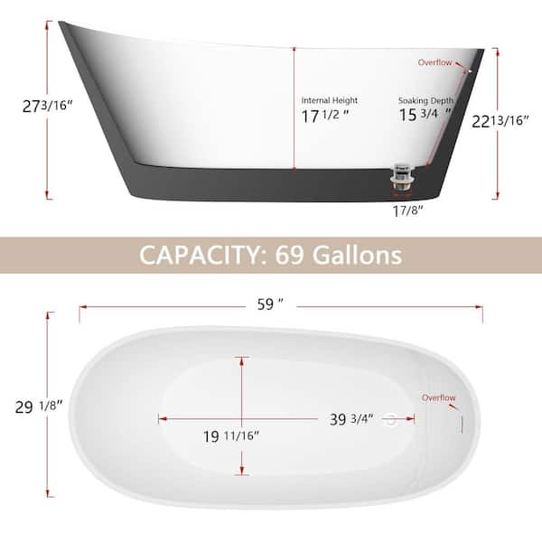 Neo 59 in. x 29 in. Acrylic Free Standing Alone Soaking Tub Slipper Oval Freestanding Bathtub Chrome Drain in Matte Gray