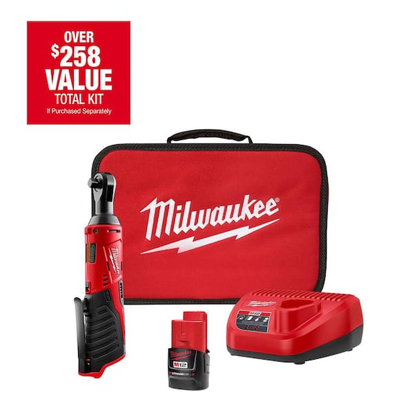 Milwaukee M12 12V Lithium-Ion Cordless 3/8 in. Ratchet Kit with One 1.5 Ah Battery, Charger and Tool Bag