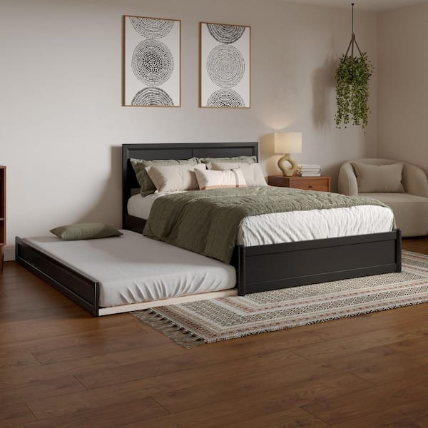 Lylah Black Wood Frame Full Platform Bed with Panel Footboard and Twin Trundle