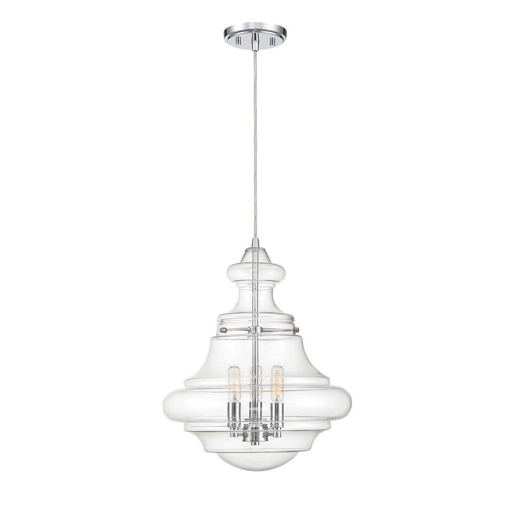 15 in. W x 18.38 in. H 3-Light Chrome Shaded Pendant Light with Clear Glass Shade -  Savoy House, M70058CH