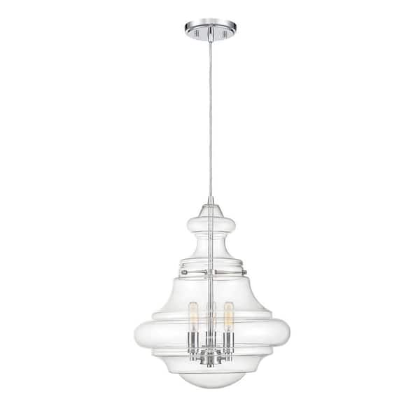 Savoy House 15 in. W x 18.38 in. H 3-Light Chrome Shaded Pendant Light with Clear Glass Shade