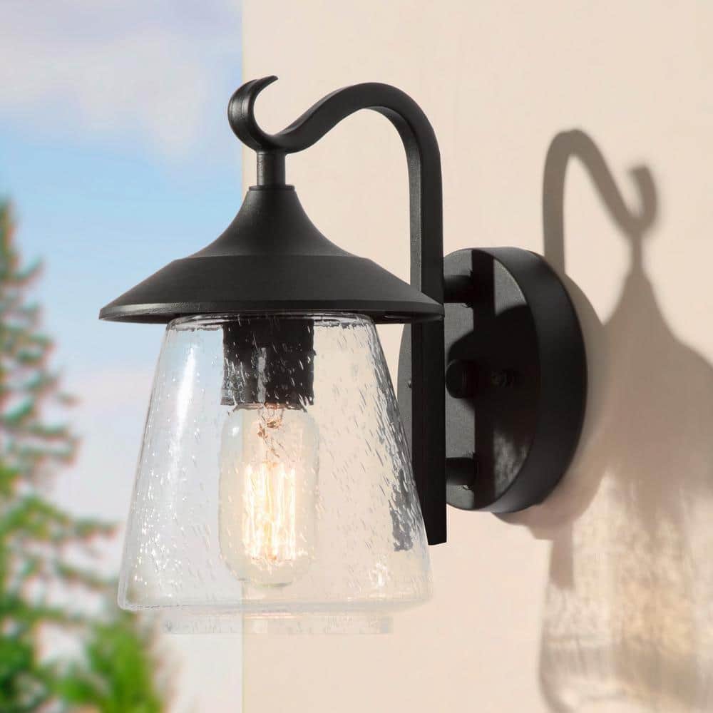 Modern Black Metal Outdoor Lantern Sconce with Seeded Glass