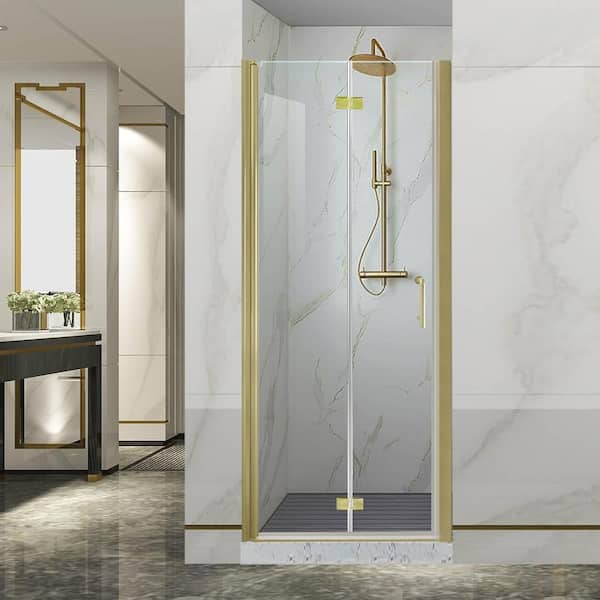 Lonni 32-33.5 in.W x 72 in.H Bi-Fold Frameless Shower Door with 1/4 in Clear SGCC Tempered Glass and Brushed Gold Finish
