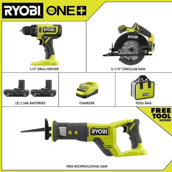 ONE+ 18V Cordless 2-Tool Combo Kit w/ Drill/Driver, Circular Saw, (2) 1.5 Ah Batteries, Charger, & Recip Saw