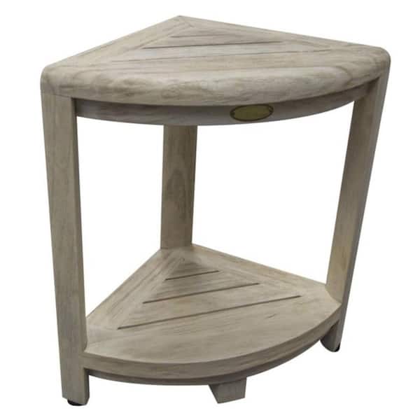 Compact Teak Corner Shower Stool with Shelf in Whitewash Finish Compact Teak Corner Shower Stool with Shelf in Whitewash Finish