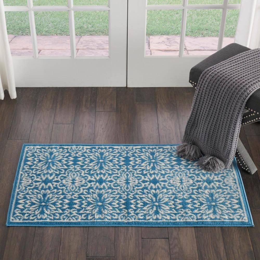 Ivory & Blue Floral Hand-Knotted Viscose Area Rug, 2' x 4'
