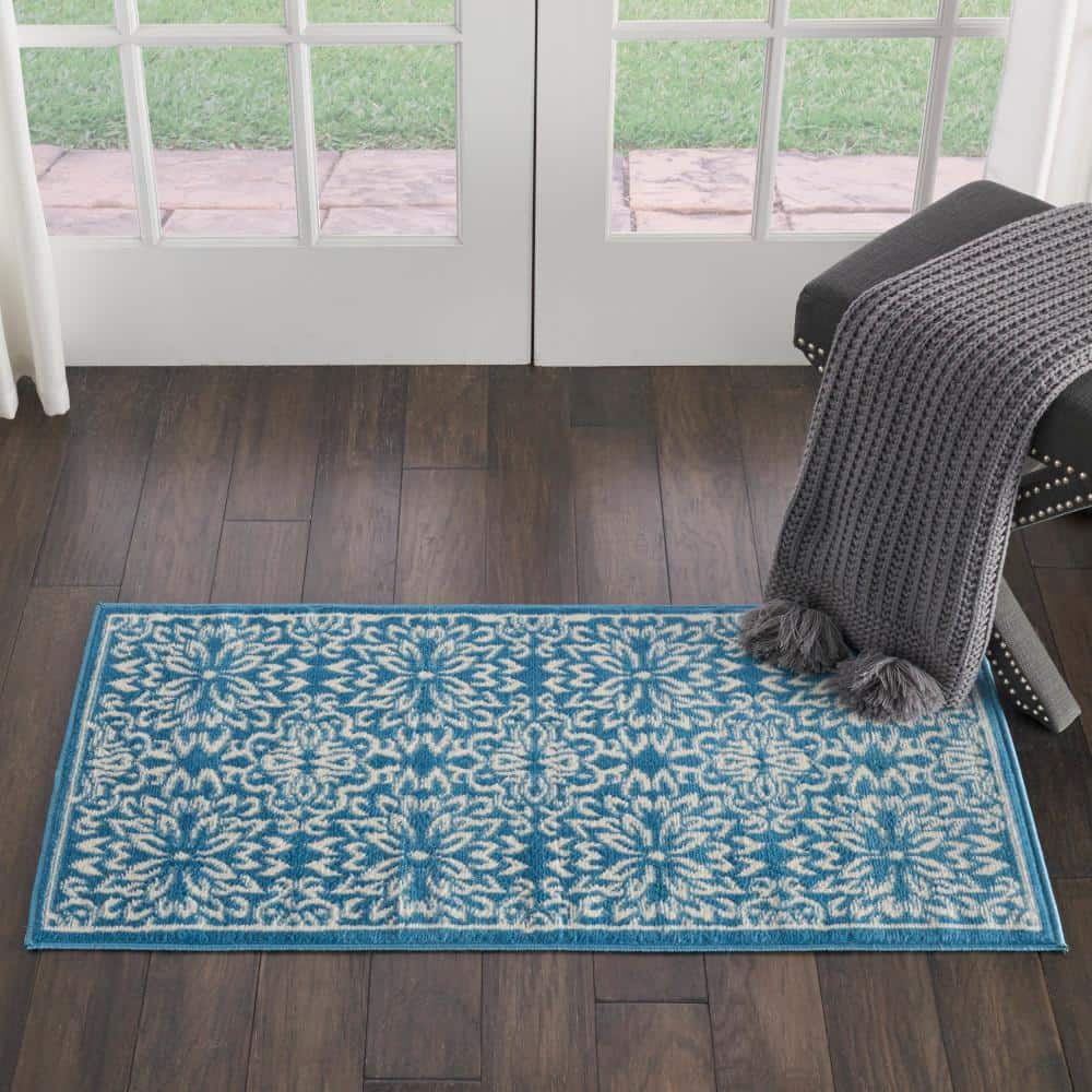 Ivory & Blue Floral Hand-Knotted Viscose Area Rug, 2' x 4'