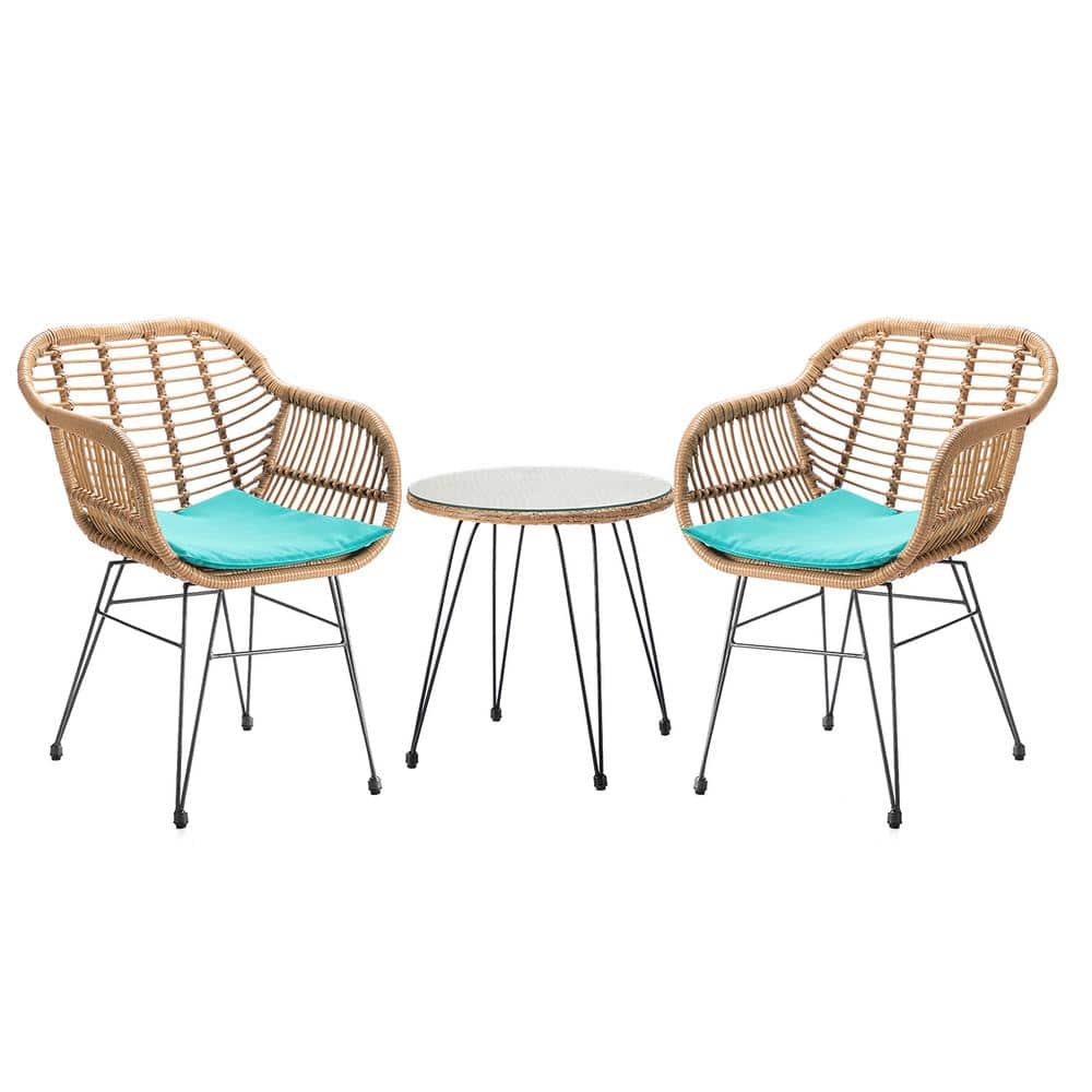 3 Piece Metal Rattan Patio Outdoor Bistro Set with Teal Cushion