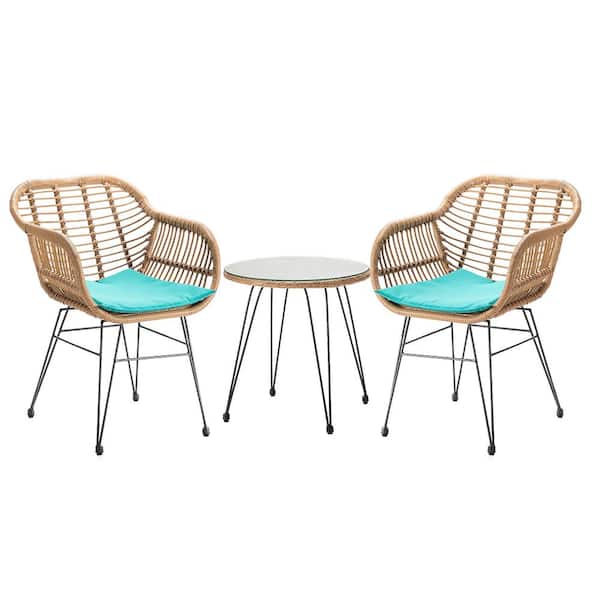 Unbranded 3 Piece Metal Rattan Patio Outdoor Bistro Set with Teal Cushion