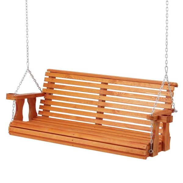 2-Person Wooden Porch Swing, 5.5 FT Patio Outdoor Swing Chair Bench with Cup Holders and Chains
