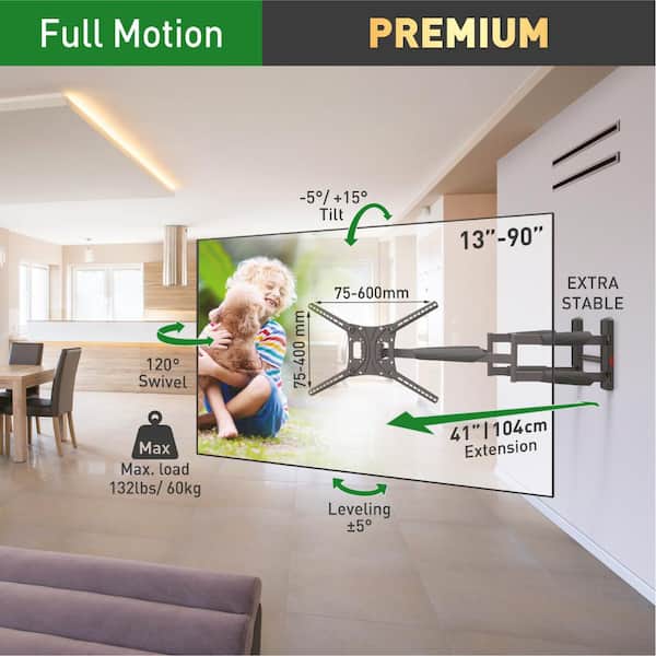 Barkan 13 in. x 90 in. Full Motion 4 Movement Extra Long and Stable Premium Flat/Curved TV Wall Mount Black