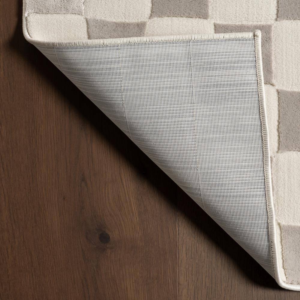 Cream and Gray Checkered Machine Washable Synthetic Area Rug, 3' x 5'