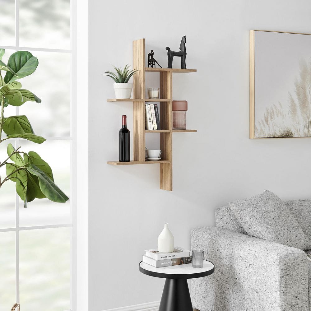 Chestnut Wood Floating Cantilever Cubby Wall Shelf