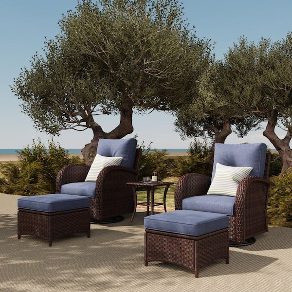 LayinSun 5-Piece Wicker Swivel Outdoor Rocking Chairs Patio Conversation Set with Navy Blue Cushion