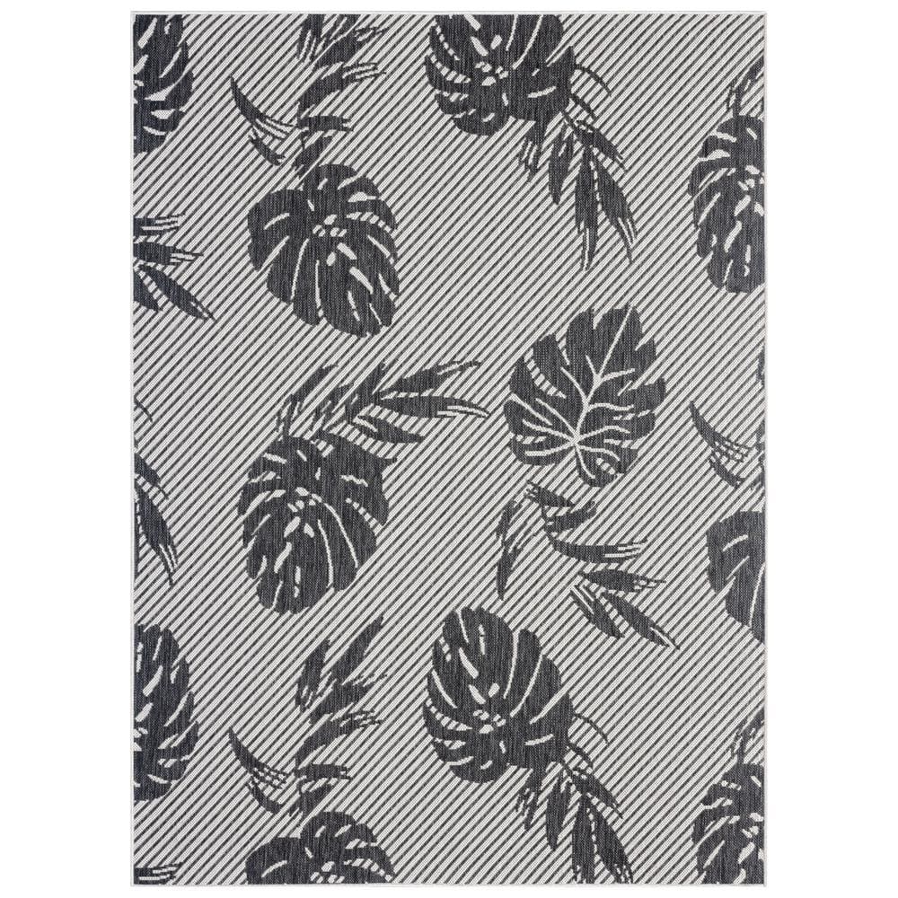 Tropical Island Vibes Silver-Black Synthetic 8' x 10' Area Rug