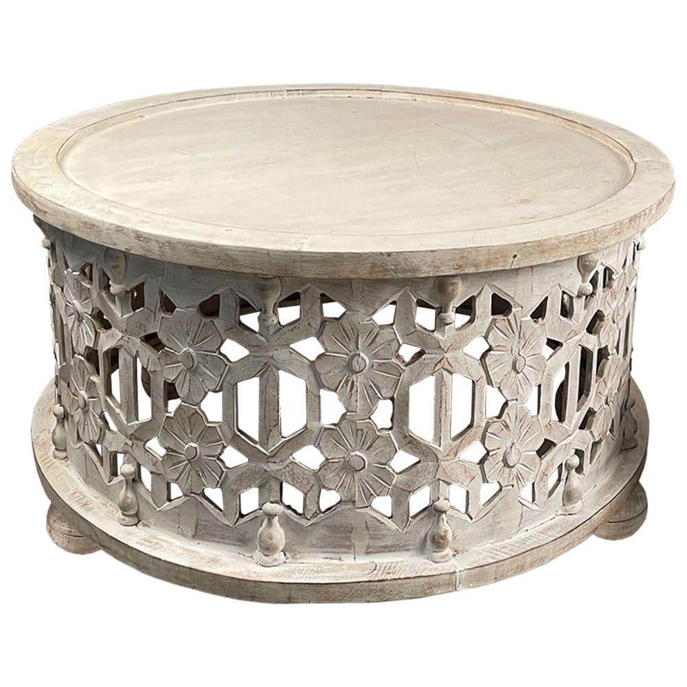 30" Antique White Carved Wood Round Coffee Table Set