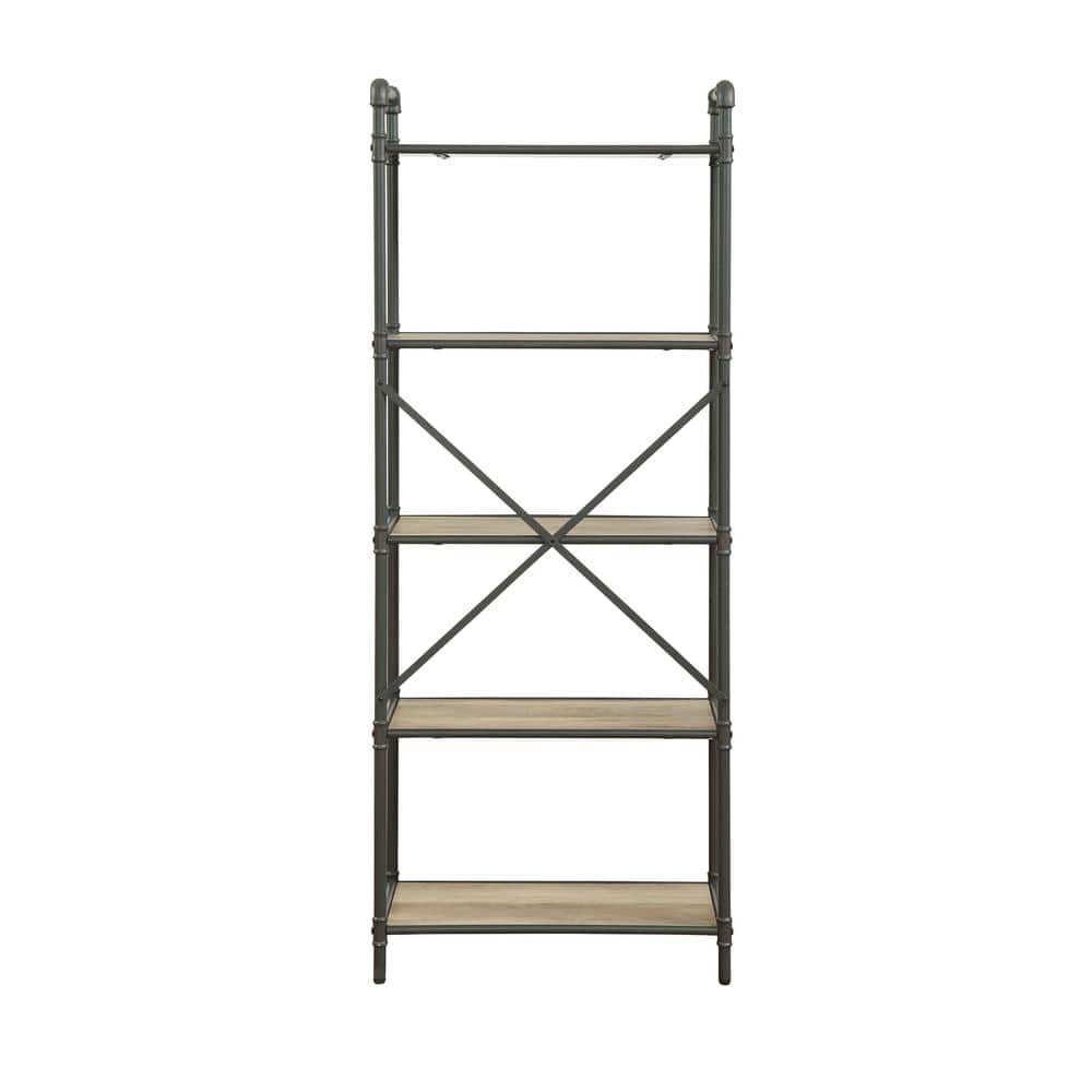 Urban Industrial 5-Tier Antique Oak & Sandy Gray Wooden Bookcase