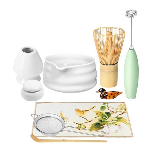 Matcha Whisk Set and Bowl with Spout, Powder Starter Sifter, Ceramic Whisk Holder, Spoon, Japanese Tea Tools, 9 Pack