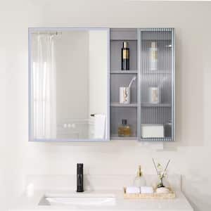 36 in. W x 28 in. H Grey Solid Wood Surface Mount LED Medicine Cabinet with Mirror,Light,Three-prong Plug,Silent Closure
