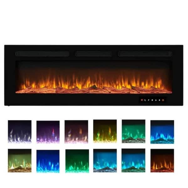 50 in. Black Electric Fireplace Wall Mounted Fireplace LED w/12 Colors, Touch Screen, Remote, Logset and Crystal Stones